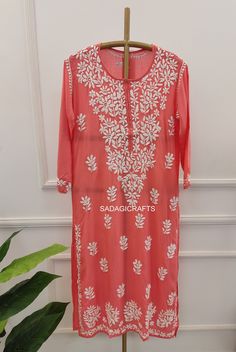 DESCRIPTION ▪ Fabric: Modal ▪ Sleeves: 3/4 Sleeves ▪ Style: Straight Kurti ▪ Length: 44-46 Inches ▪ Occasions: Casual Wear, Office Wear, Festive Wear ▪ Garment Care: Hand Wash Only ▪ Net Content: Only Kurti Chikankari Embroidered Kaftan For Party, Summer Long Sleeve Georgette Traditional Wear, Designer Summer Kurta With Cutdana, Designer Cutdana Kurta For Summer, Summer Designer Wear Kurta With Cutdana, Long Sleeve Georgette Kurta With Cutdana, White Cutdana Dress For Summer, White Dress With Cutdana For Summer, Summer Traditional Wear With Chikankari Embroidery And Long Sleeves