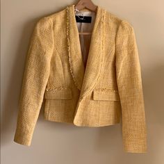 Gorgeous Tweed Boucle Blazer With Fringed Edge Accents And Two Front Pockets. Fully Lined. Latch Closure. Shoulder To Hem 19”. Never Worn, In New Condition Nwot. Color: Sunshine Zara Tweed Jacket For Spring Formal, Elegant Zara Tweed Jacket, Elegant Zara Tweed Jacket For Spring, Zara Spring Tweed Blazer, Spring Zara Tweed Blazer, Elegant Zara Tweed Office Jacket, Elegant Zara Tweed Jacket For Formal Occasions, Zara Tweed Jacket For Spring, Zara Elegant Tweed Outerwear