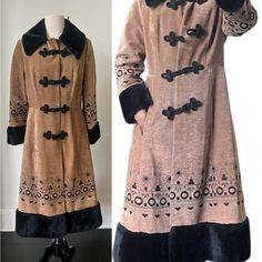 Vintage Bohemian Faux Fur Embroidered Coat 1970’s Tan And Black Boho Fur Coat 70’s Hippie Deadstock Penny Lane Coat. In Good Condition, But There Are Faint Discolorations On The Sleeve And On The Front, As Pictured Above. The Item Still Has An Original Tag From The 1970’s! No Size Listed But Would Best Fit An Xs/S. Measurements Are As Follows: Shoulders: 16 Inches Chest: 36 Inches Waist: 32 Inches Length: 46 Inches Sleeves: 23 Inches Retro Embroidered Fall Outerwear, Vintage Spring Outerwear With Faux Fur Trim, Retro Embroidered Winter Outerwear, Fitted Embroidered Vintage Outerwear, 1970s Fitted Winter Outerwear, Vintage Embroidered Winter Outerwear, Vintage Brown Embroidered Outerwear, 1970s Winter Outerwear With Buttons, Penny Lane Coat