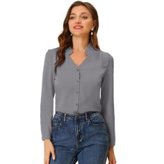 This shirt is elegant and charming for workwear or a day-to-night look, with a cut-out v-neck and unique shoulder details. No-see-through chiffon fabric and stylish v-neck make it a perfect choice for work, office, and daily wear. Pair this work office shirt with a pencil skirt, work pants, or casual jeans. The return of a classic, this button-up shirt is cut from in a chiffon sateen in an always flattering fit-and-flare silhouette. Model Body Size: Height: 5'9", Chest: 33 inches, Waist: 24 inch Spring V-neck Office Shirt, Spring V-neck Shirt For Office, Semi-formal Fall V-neck Top, Formal Gray Button-up Top, Elegant Gray Top With Button Closure, Semi-formal Solid V-neck Top, Semi-formal V-neck Top With Button Closure, Chic Gray V-neck Blouse, V-neck Office Lady Shirt For Office Wear