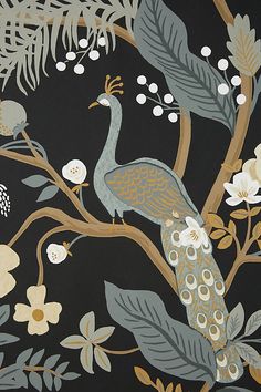 a painting of two birds sitting on a tree branch with flowers and leaves in the background