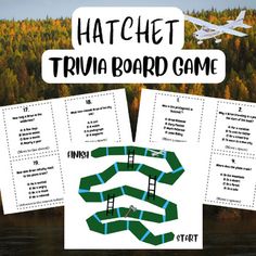 the hatch trivia board game is shown with trees in the background and an airplane flying over it