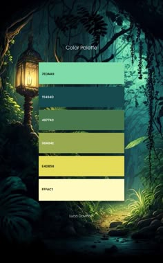 the color palette is green, yellow and blue with an image of a lamp in the middle