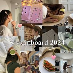 a collage of photos with the words vision board on them and images of people eating food