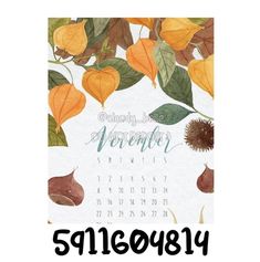 a calendar with autumn leaves and acorns on it, in the middle of an image