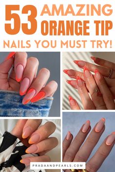 50+ Perfect Orange Tip Nail Designs That Are Really Trendy; summer nail ideas! This includes orange nails, orange nails acrylic, orange nails summer, orange nail designs, french tip nails, french tip nails orange, french tip ideas & more! This also includes orange nail art, orange nail ideas, orange nail designs, french tip with design, orange nails almond, orange nails square, bright nails, summer nails, french tip acrylic nails, french tip nail designs & more! #orangenails #orangetipnails #frenchtipnails Nails Almond Orange, Almond Orange Nails, Nails Summer Orange, Orange Nails Almond, Nails Acrylic Orange, Nails Orange French, Nail Ideas Orange, French Tip With Design, Summer Nails French Tip