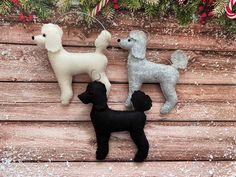 three toy poodles are sitting on a wooden surface next to christmas decorations and candy canes