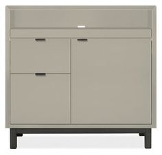 a gray cabinet with two drawers and one door on the bottom, in front of a white background