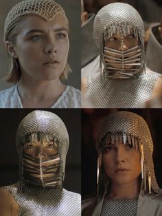 four different pictures of the same woman with metal headdress