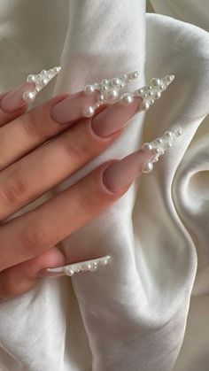 #nails#pearls #white Pearls And Diamonds Nails, Pearl French Tip Nails Short, White French Tip Nails With Glitter Almond, Pearl Birthday Nails, White And Pearl Nails, Milky White Holiday Nails, Clear Pearl Nails, Pearl Stiletto Nails, Bridal Pearl Nails