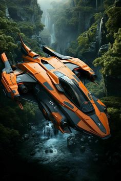 an orange and black futuristic vehicle flying over a waterfall