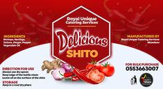 an advertisement for dellicious shito with tomatoes, peppers and onions on it