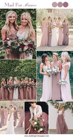 bridesmaid dresses and bouquets are all in shades of brown, pink, white and