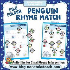 penguin rhyme match game with penguins and snowflakes