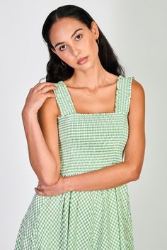 Green and white gingham ruched bodice dress Fitted Ruffle Maxi Dress For Picnic, Fitted Ruffled Maxi Dress For Picnics, Spring Smocked Ruched Dress With Square Neck, Spring Smocked Dress With Ruched Square Neck, Spring Square Neck Smocked Dress With Ruched Detail, Square Neck Sundress With Ruched Bodice, Spring Dresses With Gathered Neckline And Ruffled Straps, Square Neck Dresses With Ruched Bodice For Day Out, Ruched Smocked Mini Dress For Garden Party