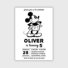 a mickey mouse birthday party card with the words,'olver is turning 5 '