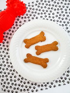 three dogs bones on a white plate next to a red dog treat dispenser