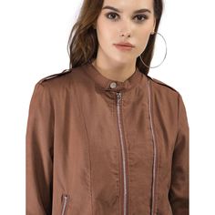 Refresh your Moto jacket collection with this lightweight jacket. Simple and understated, designed with a stand collar and center-front zip closure, making it versatile for styling up and down. It boasts button embellishments across the cuffs and neckline, inspired by the classic biker design. A contemporary join on a classic design, pair it this with jeans or over a dress for a chic outfit. Solid Color Outerwear With Zipper Closure And Stand Collar, Long Sleeve Biker Jacket With Zipper Closure, Spring Biker Jacket With Stand Collar, Brown Casual Biker Jacket With Stand Collar, Casual Brown Biker Jacket With Stand Collar, Casual Long Sleeve Biker Jacket With Ykk Zipper, Trendy Long Sleeve Outerwear With Metal Zipper, Trendy Outerwear With Zipper And Stand Collar, Trendy Outerwear With Zipper Closure And Stand Collar