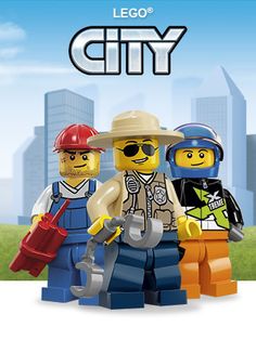 the lego city movie poster features three men in construction gear, one with a fireman's hat and sunglasses