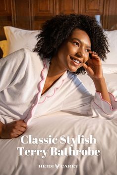 Discover my classic White terry cotton cloth robe for women featuring a unique pink scalloping it will make you feel stylish at home. Heidi Carey Handmade Robe Collection Pretty Robes, Terry Cloth Robe, Summer Loungewear, Robe For Women, Cotton Loungewear, Terry Robe, Loungewear Fashion, Stylish Summer Outfits, White French