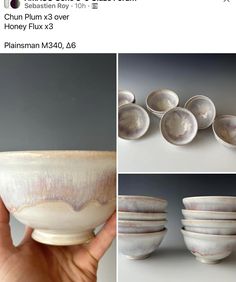 a hand holding a white bowl next to four pictures of different bowls and spoons