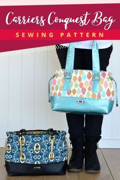 a woman standing next to a purse and handbag with the words sewing pattern on it