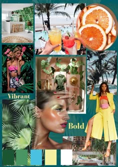 the collage is filled with different pictures and colors, including oranges, palm trees,