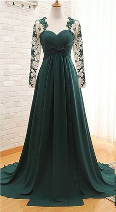 Custom Made Dark Green Floor Length Lace Appliquéd Mesh Long Sleeved Sweetheart Evening Dress Featuring Chapel Train and Keyhole Back Full Sleeve Prom Dress, Prom Dresses Lace Sleeves, Prom Dresses Open Back, Green Prom Dress Long, Prom Dress With Sleeves, Sweetheart Evening Dress, Dresses Open Back, Prom Dresses 2016, Prom Dresses Long Lace