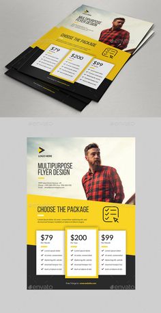 a yellow and black flyer template with an image of a man in plaid shirt on it