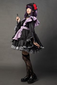 Includes: Dress, apron, collar, necklace, tie, headdress, socks, non-slip strap.
 
Material: Lining, spandex, silk and so on.
 
Size: female XS-XXL
 
Tip: The wigs only for photograph. The costume sets do not include wigs. Gothic Cosplay Costume With Ruffles, Fitted Cosplay Costume With Ruffles For Halloween, Fitted Purple Harajuku Cosplay Costume, Fitted Harajuku Style Purple Cosplay Costume, Fitted Cosplay Costume With Ruffles, Fitted Ruffle Cosplay Costume, Gothic Cosplay Costume With Ruffles For Party, Fitted Cosplay Costume With Ruffles For Events, Black Cosplay Costume With Ruffles