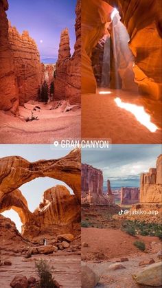 four different views of the desert, including rocks and cliffs with water coming out of them