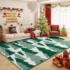 a living room decorated for christmas with green and red decorations on the walls, white couches and large rugs