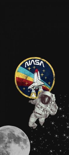 an astronaut floating in space next to the moon with nasa sticker on it's side