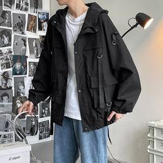 Casual Windbreaker Overcoat Jacket - SEOUL STYLEZ Hip Hop Jacket, Overcoat Jacket, Men's Windbreaker, Casual Outwear, Men Jackets, Streetwear Hip Hop, Outwear Coat, Mens Windbreaker, Casual Outerwear