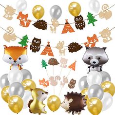 an assortment of party decorations including balloons and animals