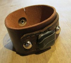 Brown Leather Cuff with Black Stone Bead and metal studs Thick Thread, Map Pendant, Black Stone, Leather Cuffs, Stone Beads, Wrap Bracelet, Making Out, Brown Leather, Leather Bracelet