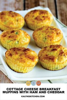 cottage cheese breakfast muffins with ham and cheddar on a white plate