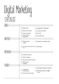 the digital marketing checklist is shown in black and white