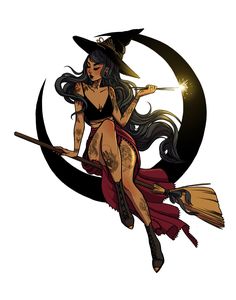 a woman dressed as a witch flying on a broom