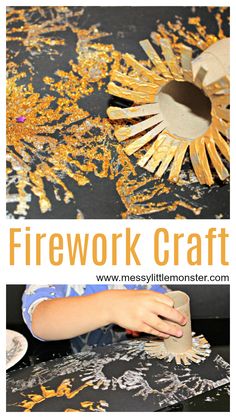 a child is making a firework craft with gold paint on black paper and then it's cut out