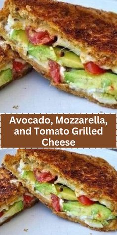 there are two halves of a sandwich on the plate and one half has avocado, mozzarella, and tomato grilled cheese