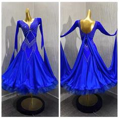 two pictures of a blue dress with gold trimmings and long sleeves, on display in front of a white wall