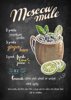 a chalkboard menu for a moscarella mulled drink with limes and mint