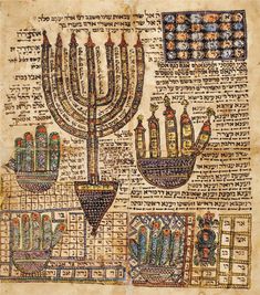 an old book with various symbols and designs on the pages, including a menorah