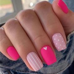 Barbie Pink Nails, Valentine Nails, Colorful Nails, Cute Gel Nails, Dipped Nails, Girls Nails, Nail Arts, Valentine's Day Nails