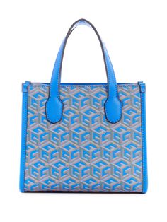 Ready to go, this faux-leather mini tote is destined to hit the streets with you. Complete with a G-cube logo print, middle stripes, top handles and a detachable and adjustable strap. Blue Top Handle Shoulder Bag With Logo, Blue Shoulder Bag With Logo And Double Handles, Blue Double Handle Shoulder Bag With Logo, Blue Top Handle Bag With Logo, Blue Rectangular Bag With Logo, Blue Rectangular Shoulder Bag With Logo, Cube Logo, Stripes Top, Mini Tote