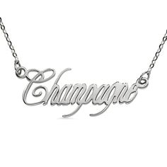 Font:This elegantly and fashionably written in script name necklace can be personalized with up to ten letters, made by hand of Solid Gold and high polished for a shiny finish. You may choose the style and length of the chain.Order this 825 Solid White Gold Champagne Font Name Necklace with your beloved's name to make a big surprise. Silver Bracelets For Party, Silver Bracelets For Party As A Gift, Silver Bracelets For Party, Great As Gifts, Silver Bracelets For Party Or Gift, Engraved Metal Jewelry For Party, Engraved Metal Jewelry For Parties, Gangsta Tattoos, Gold Champagne, Font Names