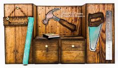 an image of a happy birthday card with wood and tools on the front, including a hammer