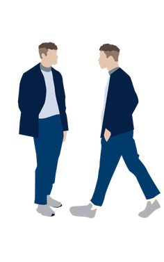 two men walking side by side, one wearing a blue jacket and the other white shirt