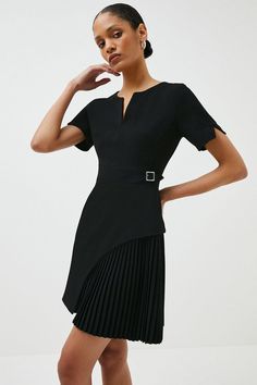 Tailored Military Pleat Short Sleeve Mini Dress | Karen Millen Business Casual Dress Code, Professional Attire, Tailored Dress, Short Sleeve Mini Dress, Pleated Shorts, Karen Millen, Office Outfits, Mini Dress With Sleeves, Fashion Face